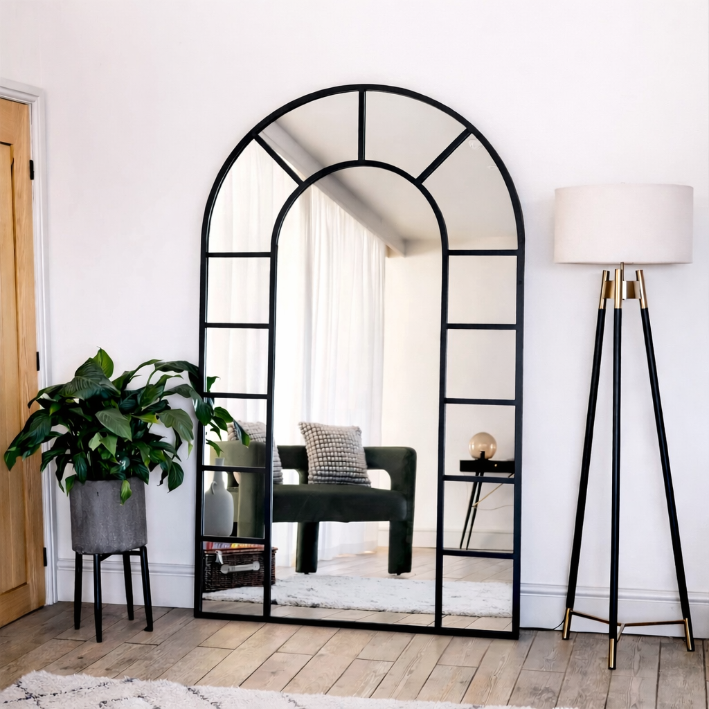Full Length Black Metal Arched Window Mirror