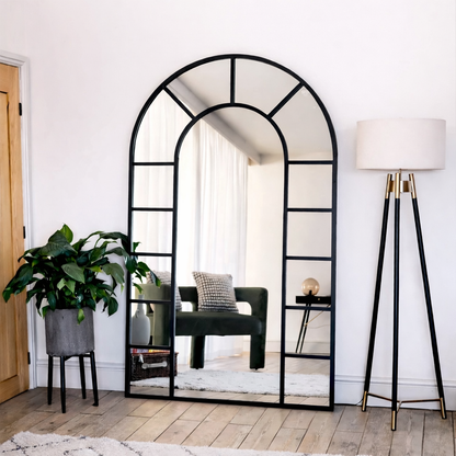 Full Length Black Metal Arched Window Mirror