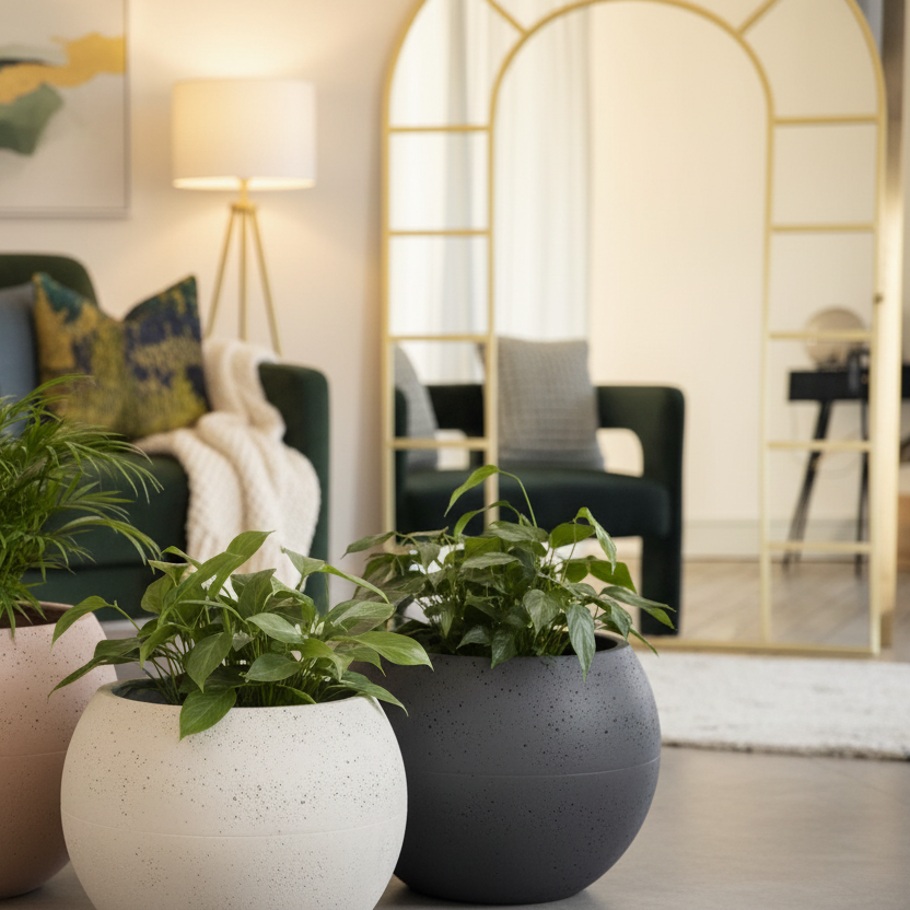 XXL Concrete Sphere Planters - Cosy with Painting, Mirror & Luxury Pillows