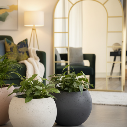 XXL Concrete Sphere Planters - Cosy with Painting, Mirror & Luxury Pillows